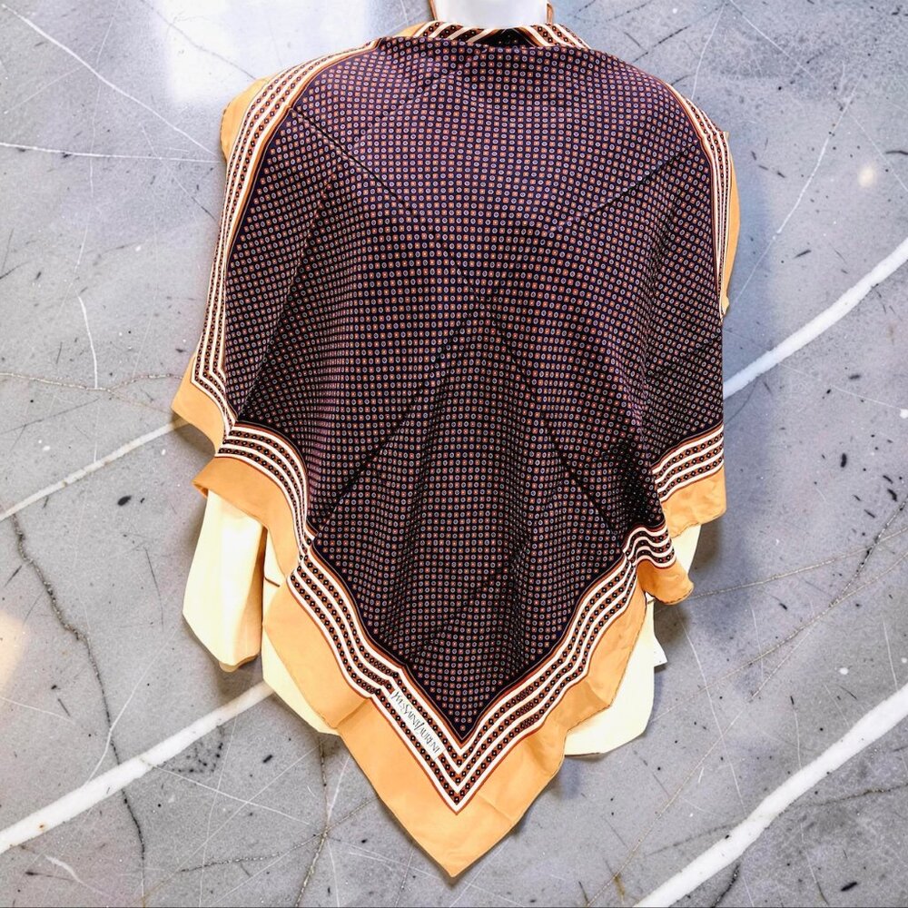 Beautiful Yves Saint Laurent  Silk Satin Scarf 31" Brown purple square Dots  (26 - Picture 12 of 12